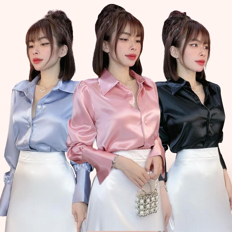 ÁO SƠ MI NỮ LỤA HÀN CHÂU, FREESIZE DƯỚI 60KG, tay phối 1 nút , hàng giữa giấu nút tinh tế ( SM-001)  Top Women Nhung Đen