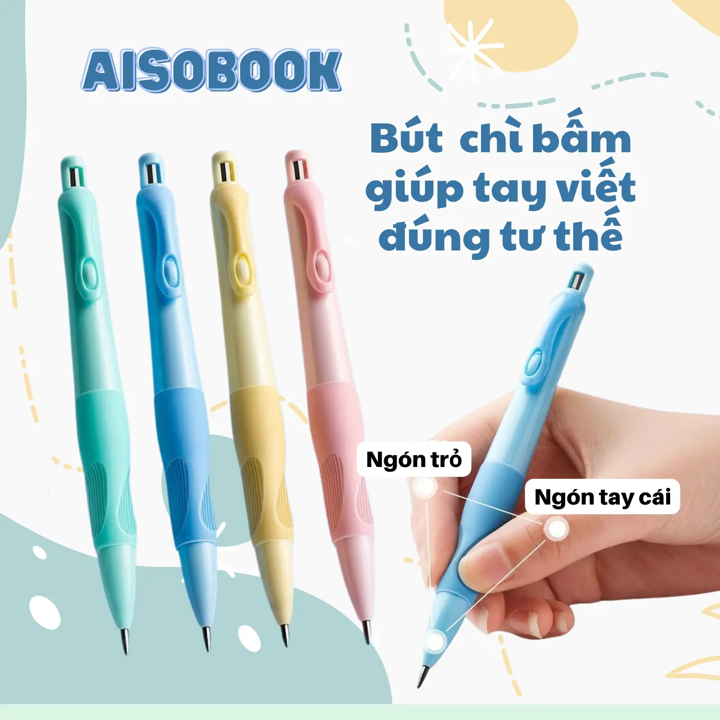 [Tặng kèm Tẩy] Bút Chì Bấm Giúp Tay Viết Đúng Tư Thế Ngòi 2mm Aisobook - CHIBAM