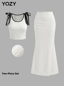 YOZY Women's Floral Lace Contrast Binding Tie Shoulder Crop Top & Mermaid Skirt Two-piece Set, Casual Fashion Cozy Two Piece Outfits for Daily Outdoor Wear, Ladies Clothes for Summer