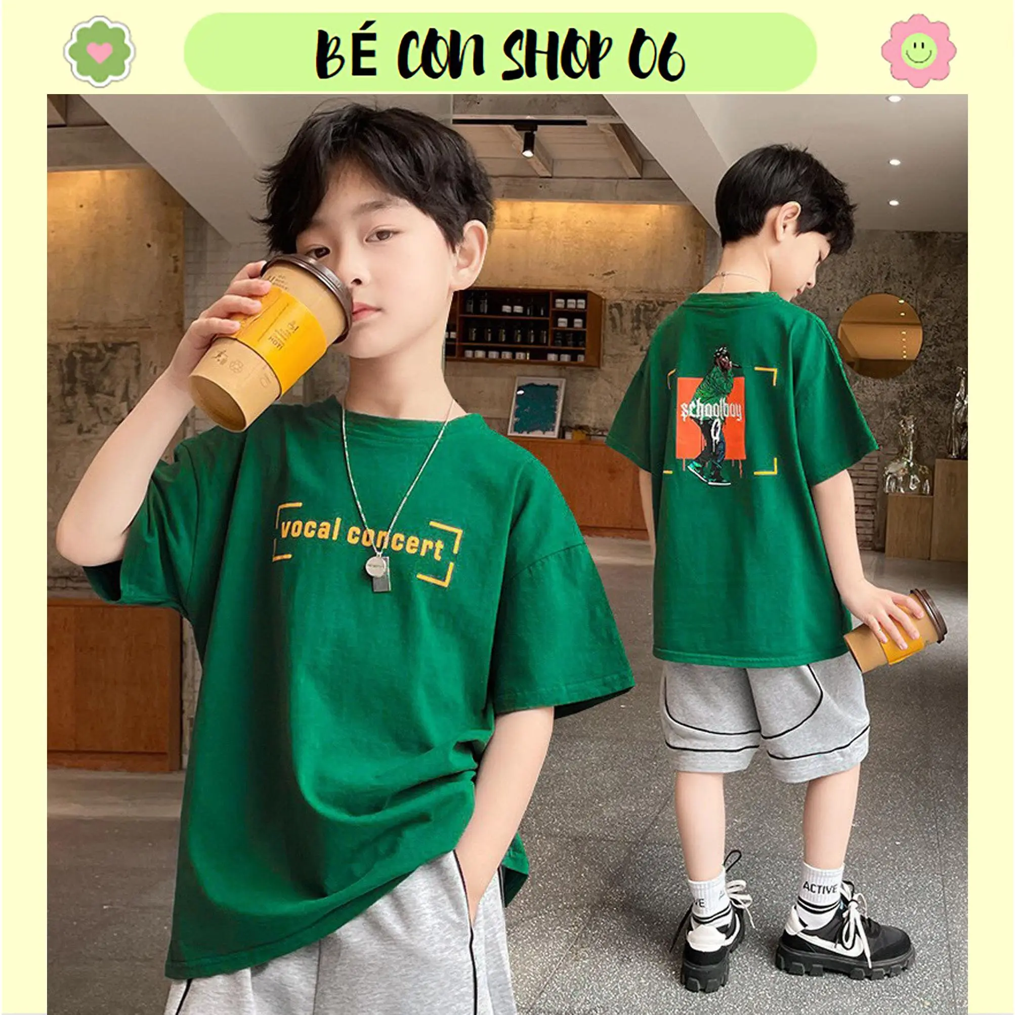 Bộ quần áo hè cho bé trai 4-14 tuổi , bộ cộc tay bé trai 14-45 kg , bộ quần áo chất cotton mẫu VOCAL phong cách dễ thương năng động thấm hút mồ hôi .