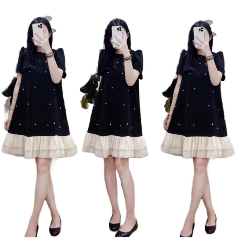 {D199} Váy Tuyết Mưa Đính Đá Chân Tơ Nữ Women Đen Dress Nhung Voan Màu Đen Voi