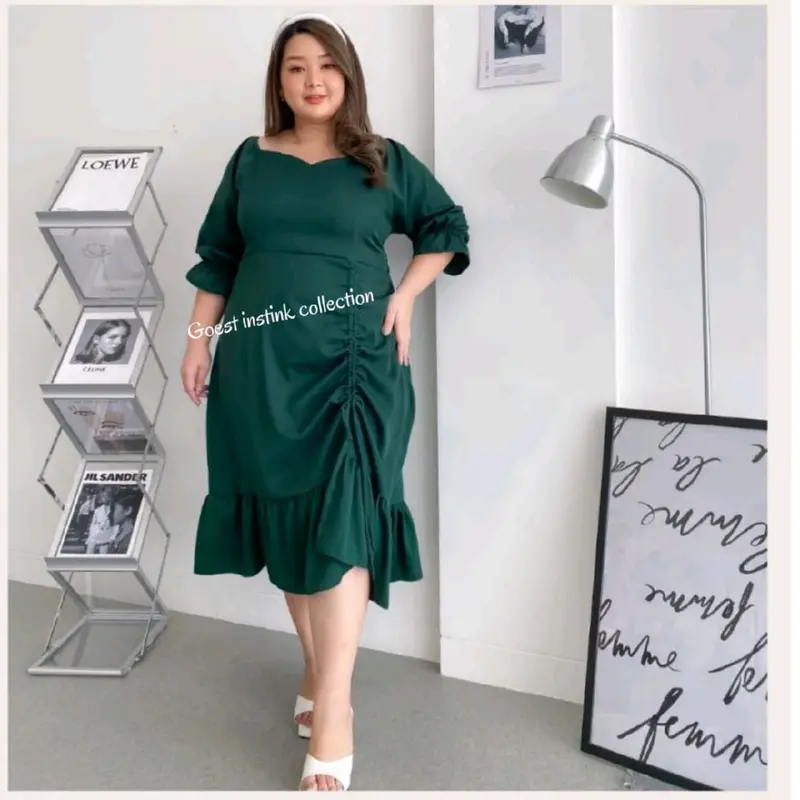 Dress LESSY Dress Wanita Korea A Line Dress Serut Dress Sabrina Size Jumbo Polos A-Line Santai Manis Casual 1