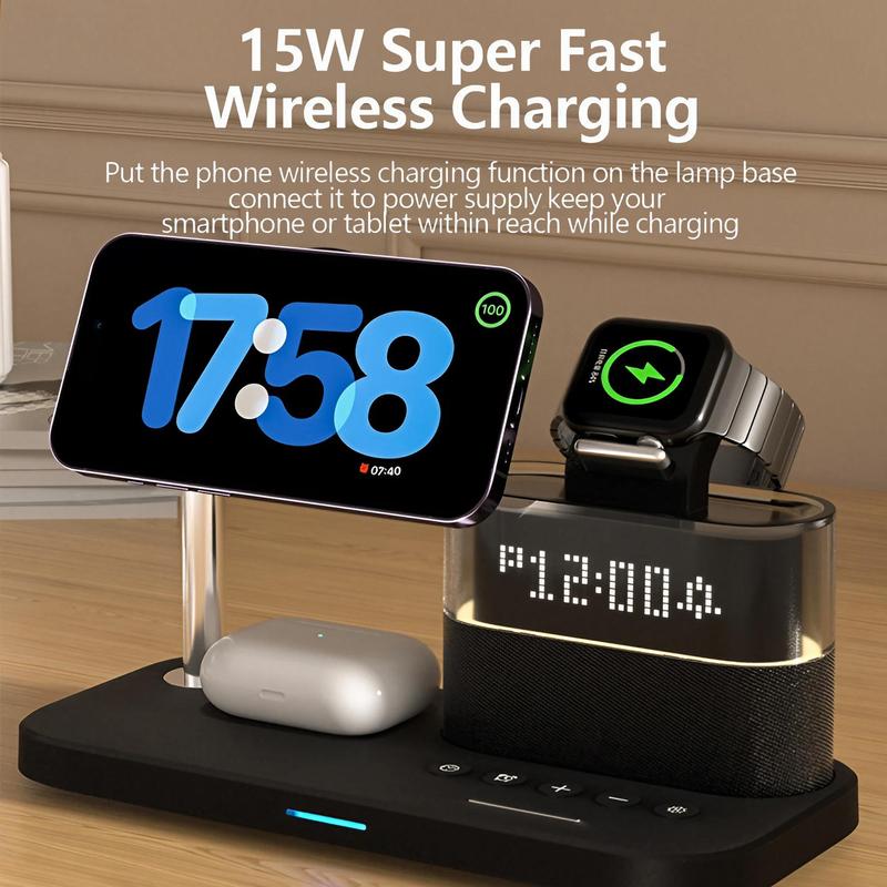 Product Introduction of 5-in-1 Wireless Charger for Smartphone, Wireless Multifunctional Charger with Clock, Magnetic Electronic Digital Wireless Charger Stand for iPhone 14 Pro Max, Apple Watch Series & Airpods, Gift for Mum, Men Gifts 8