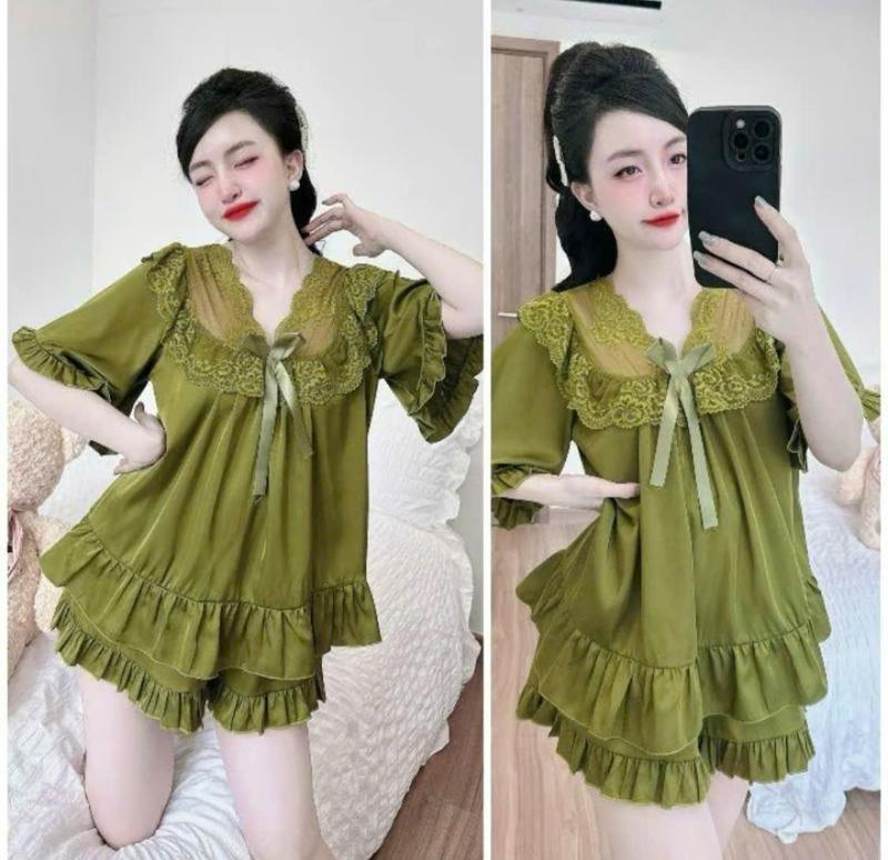 Bộ đồ ngủ tiểu thư babydoll - 3AE - Thiết kế cổ viền tinh tế, điểm nhấn dây nơ, mặc nhà thoải mái