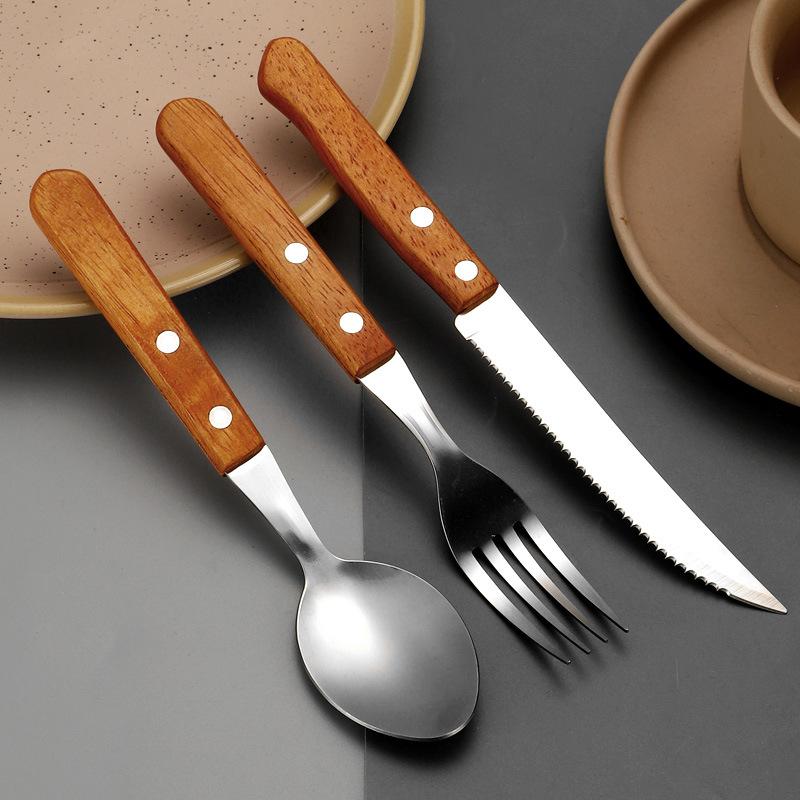 Stainless Steel Clip Handle Tableware Knife, Fork and Spoon Three-Piece Hotel Steak Knife and Fork Knife, Fork and Spoon New Creative Wooden Handle Steak Knife and Fork 1