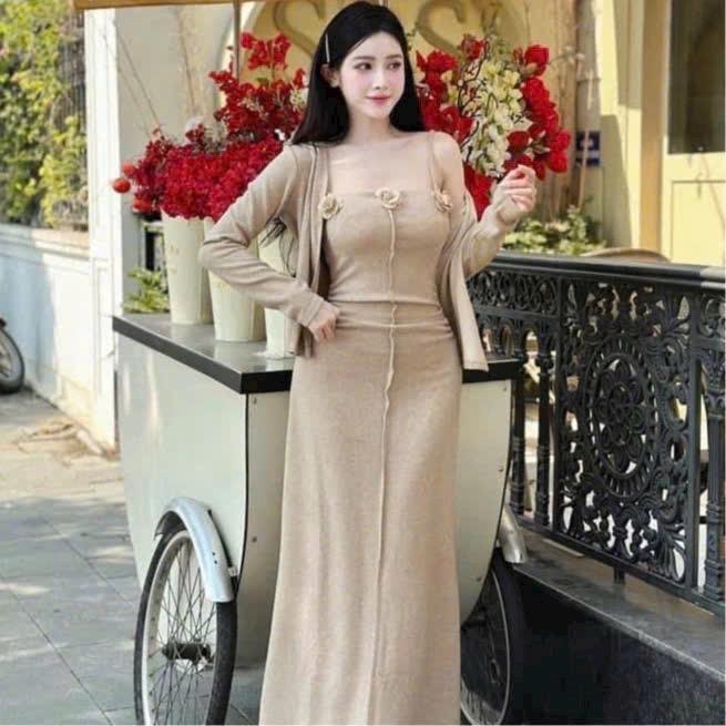 ĐẦM THUN TĂM LẠNH 2 DÂY DÁNG DÀI QUA GỐI ĐÍNH BÔNG KÈM KHOÁC TAY DÀI TÔN DÁNG 7
