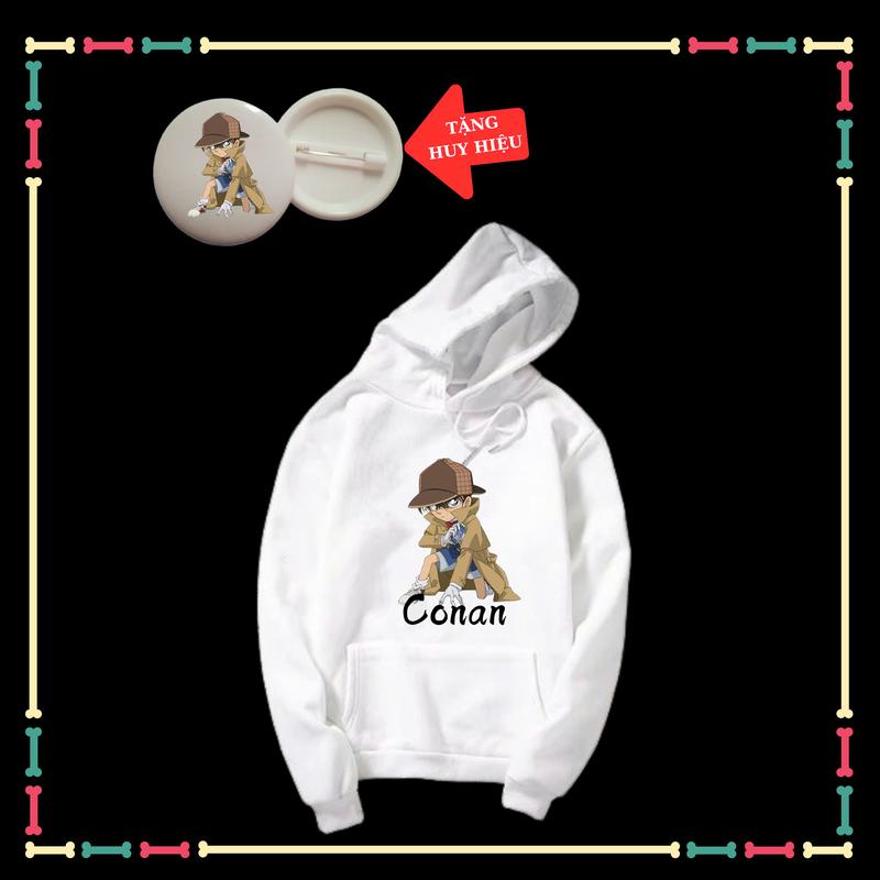Áo Khoác Hoodie in hình Conan thám tử lừng danh dài tay thu đông trẻ em, màu trắng, vải nỉ có mũ-Kèm huy hiệu 3