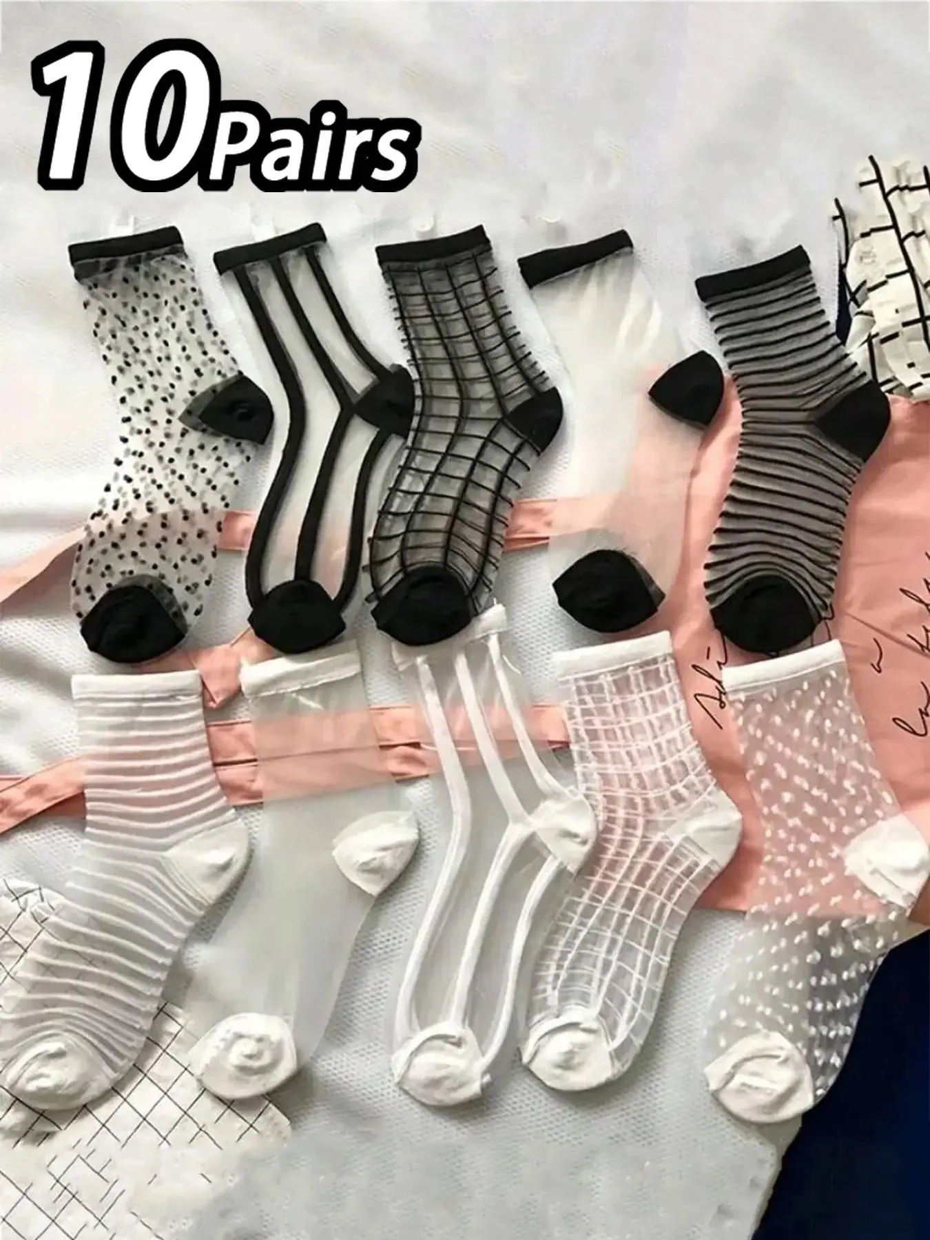 Women's Contrast Mesh Sheer Mid-calf Socks, Breathable Comfortable Thin Socks for Daily Wear, Women's Socks for All Seasons