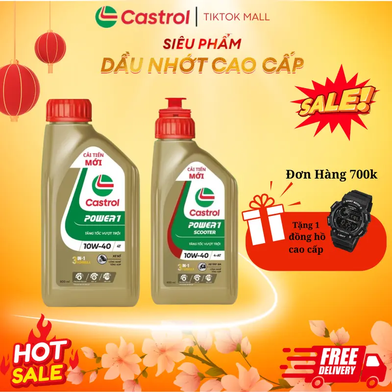 (combo 1 ga + 1 nhớt láp ) Dầu nhớt xe số Castrol POWER1 4T 10W-40 0.8L , 1L 8