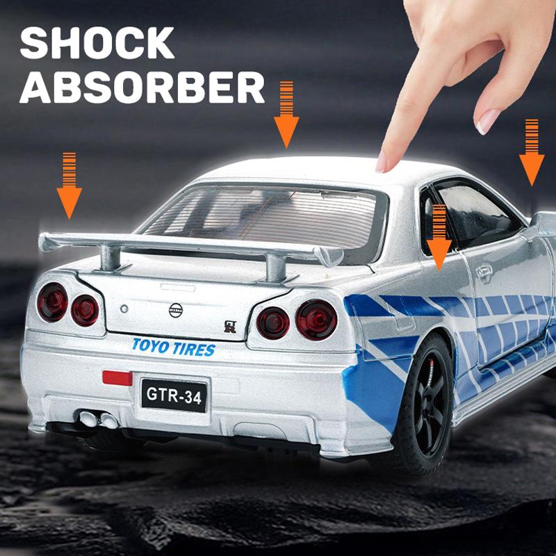 Product Introduction of 1:32 Scale Nissan GTR R34 Alloy Car Model Diecast Car Sound Light Car Lovers Collection Kids Birthday Gift Metal Boys Toys 5