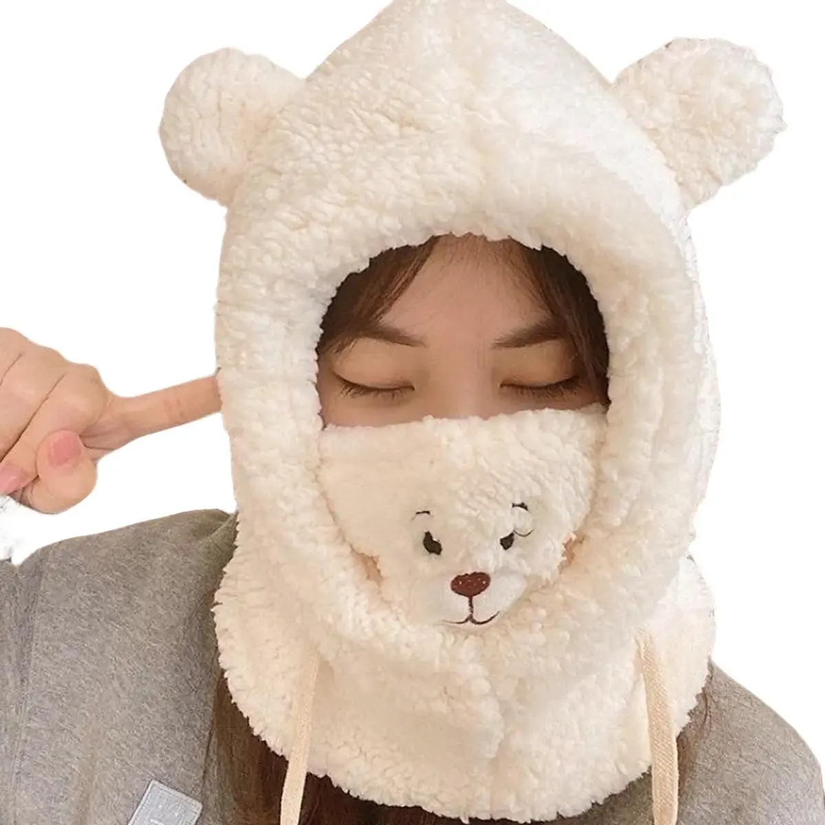 Mũ Lông Cừu Trùm Đầu Kèm Khẩu Trang, Mũ len nữ, Nón Lông Cừu Hình Gấu Phong Cách Hàn Quốc Hat Cap Hat Women