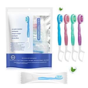 Set de cepillo de dientes 5 en 1 con hilo dental, raspador de lengua y palillo de dientes, 26 piezas por paquete, cepillo de cerdas suaves, herramienta de cuidado oral para viajes y negocios