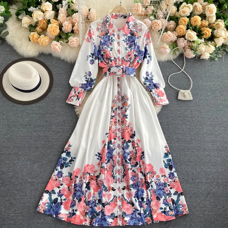 Váy Dự Tiệc Cổ Điển, Dành Cho Nữ, Thanh Lịch, Ve Áo, Một Hàng Cúc, Mỏng Vừa Vặn, Váy Maxi, Dài Tay, In Hoa, Thích Hợp Cho Mùa Xuân Và Mùa Thu, Váy Nữ