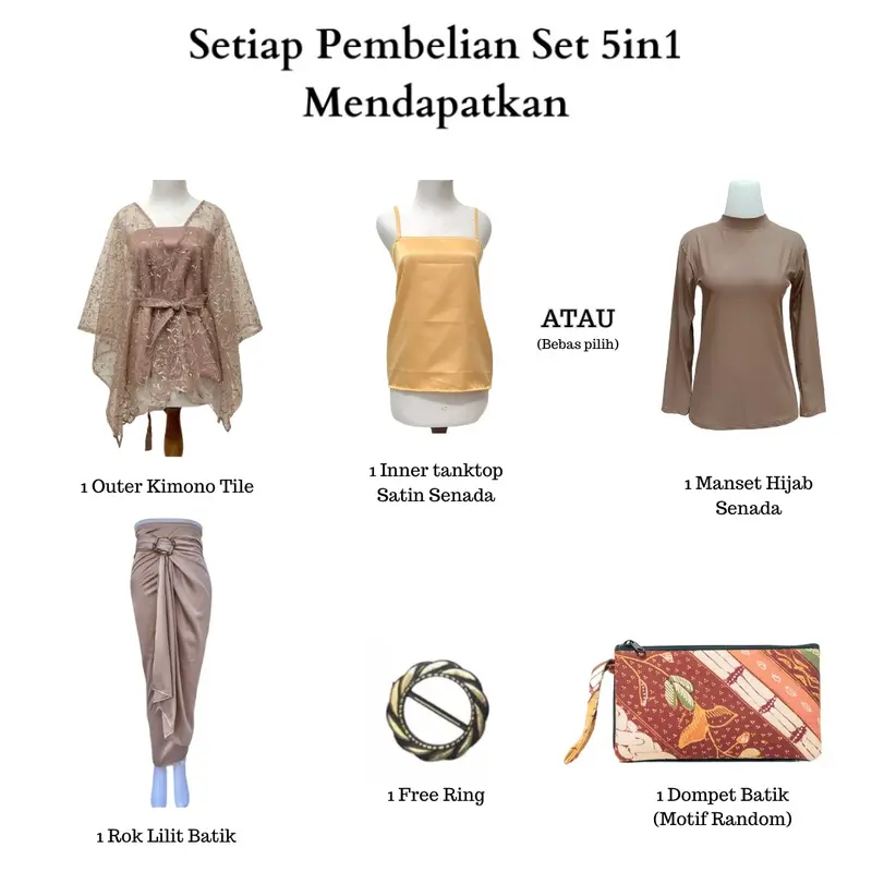 Paket Kondangan 5in1 - Baju One Set Kondangan Wanita Kekinian Outer Brokat Tile Premium Cardi Setelan Kebaya Modern Pesta Wisuda Mewah Atasan Bordir Panjang Bawahan Rok Lilit Satin Polos Simple Batik Hitam 5