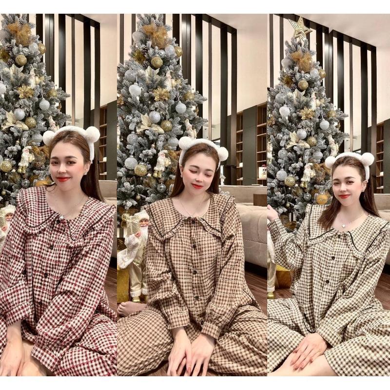 Đồ bộ tay dài quần dài tiểu thư hoạ tiết caro, set bộ caro, đồ bộ caro đẹp dành cho nữ có 2 size dưới 80kg Women Áo