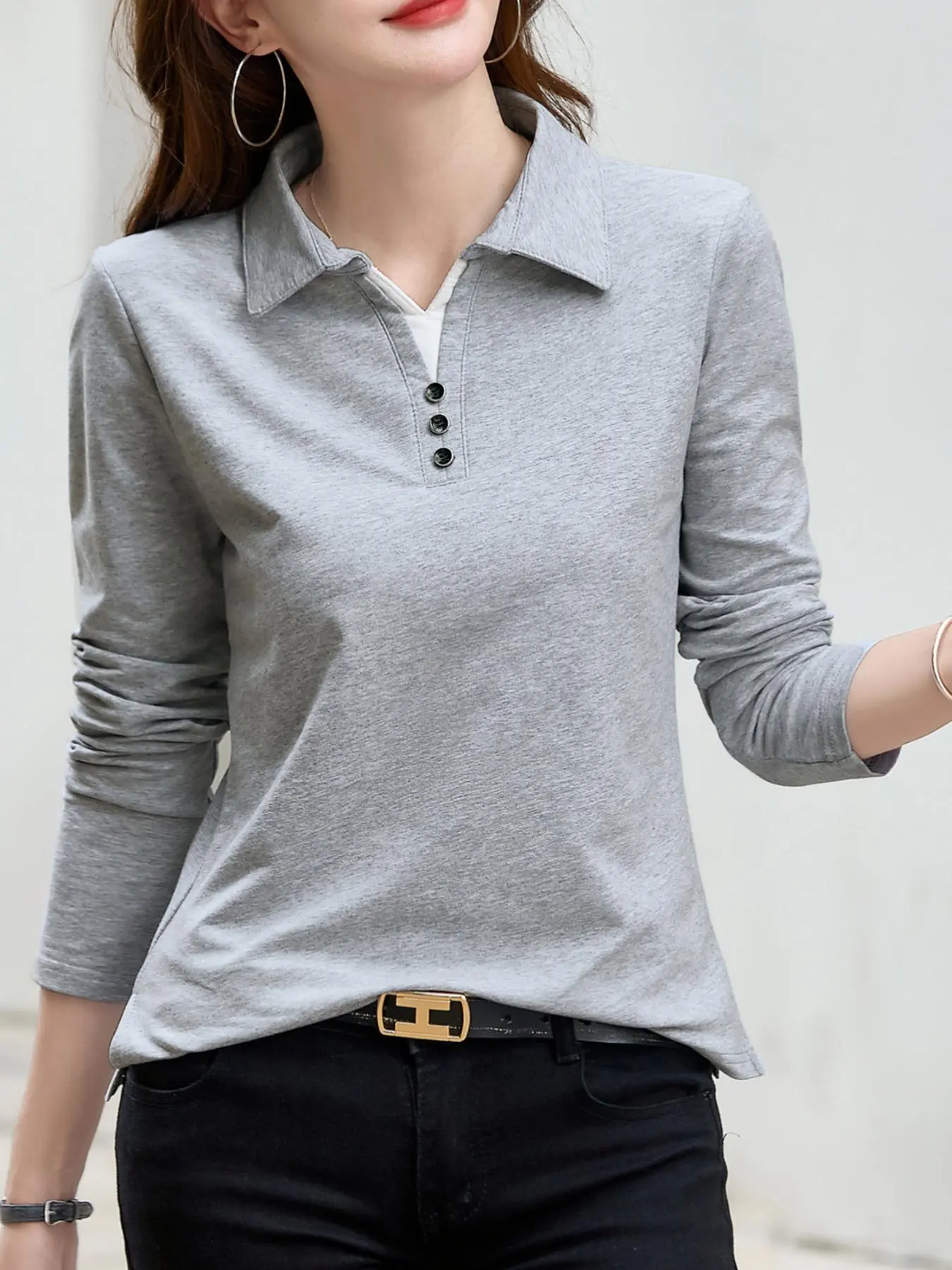 Women's Plain Button Polo Shirt, Casual Long Sleeve Collared Top for Spring & Fall, Ladies Clothes for Daily Wear