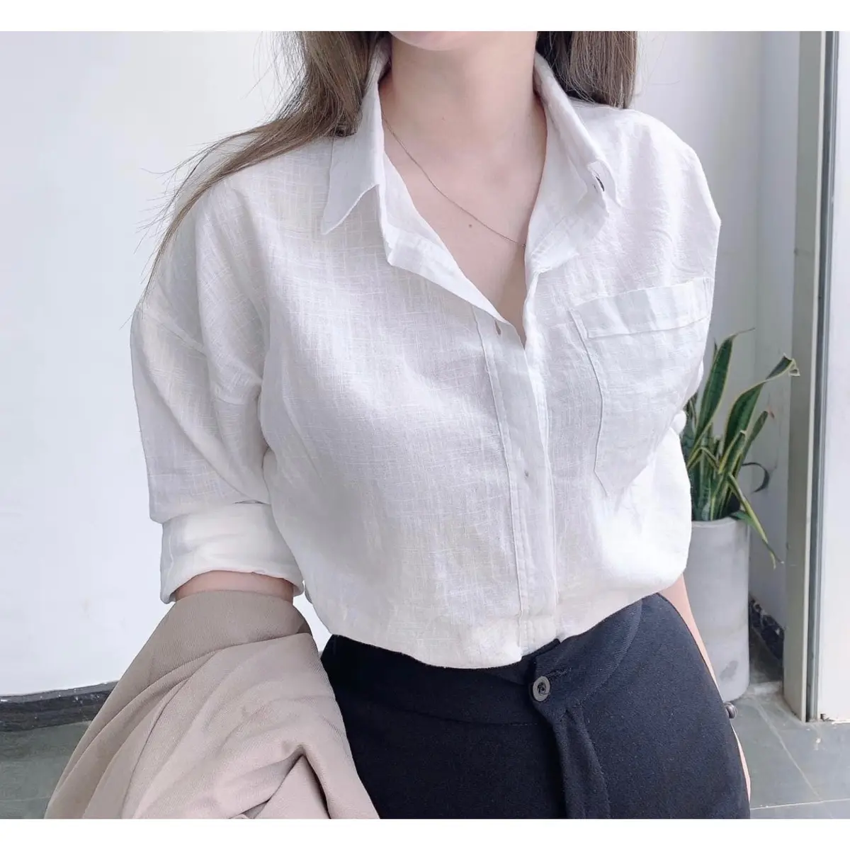 Áo Sơ Mi Nữ Chất Lê Nin Tay dài mềm Mịn Thấm Hút mồ hôi không nhăn Top Jean Women Voi Shirt