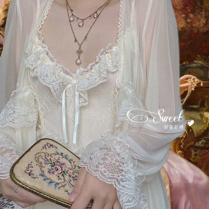 Váy Ngủ Siêu Mỏng Phong Cách Tòa Án Cổ Điển Kiểu Pháp, Bộ Hai Mảnh, Váy Áo Choàng Buổi Sáng, Siêu Thanh Lịch, Bán Chạy, Cho Mùa Hè 2024, Có Thể Hát Cicada, Phong Cách