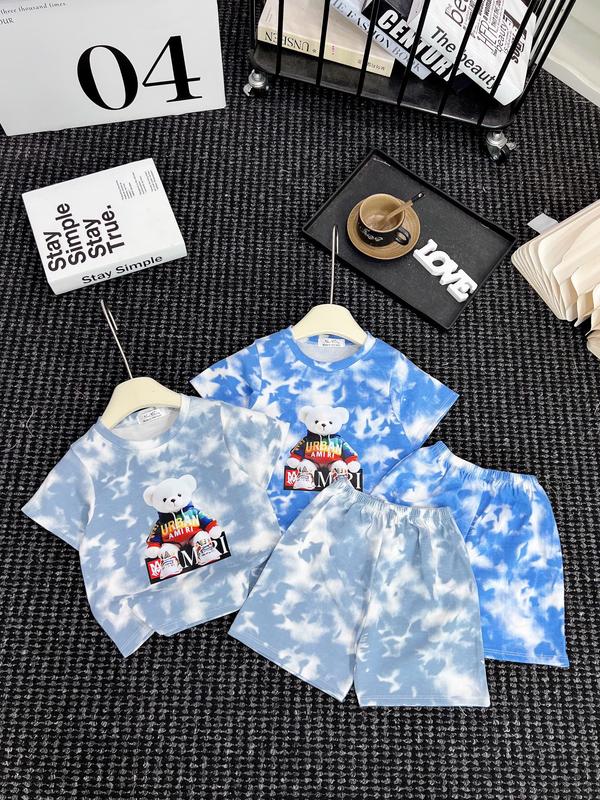 Bộ cộc tay mùa hè vải cotton loang in hình gấu cầu vồng 2 màu cho bé 6-18kg 2