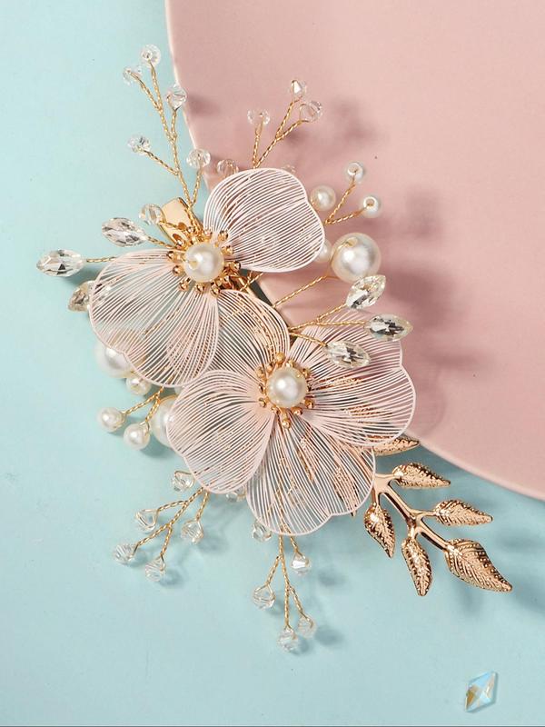 Handmade Flower Design Headwear,  Elegant Faux Pearl & Rhinestones Decorated Bridal Headwear for Wedding Party, Daily Clothing Decor, Trendy All-match & Exquisite Hair Accessories for Women & Girls 3