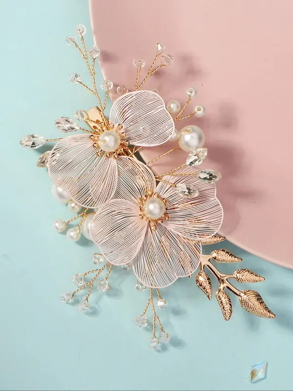 Handmade Flower Design Headwear,  Elegant Faux Pearl & Rhinestones Decorated Bridal Headwear for Wedding Party, Daily Clothing Decor, Trendy All-match & Exquisite Hair Accessories for Women & Girls 3