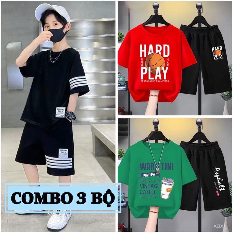Combo 3 Bộ quần áo bé trai mùa hè size đại từ 17 đến 40kg, chất thun co giãn, mềm mát, phong cách Hàn Quốc cho bé trai từ 5 đến 14 tuổi, dáng quần đùi áo cộc tay thể thao. set đồ