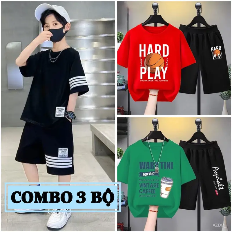 Combo 3 Bộ quần áo bé trai mùa hè size đại từ 17 đến 40kg, chất thun co giãn, mềm mát, phong cách Hàn Quốc cho bé trai từ 5 đến 14 tuổi, dáng quần đùi áo cộc tay thể thao. set đồ 1