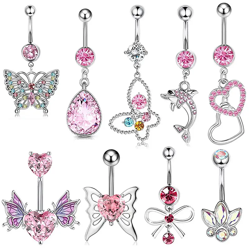 Pink  Belly Button Rings Dangle Heart Butterfly Navel Piercing  Belly Bar For Women Body Piercing