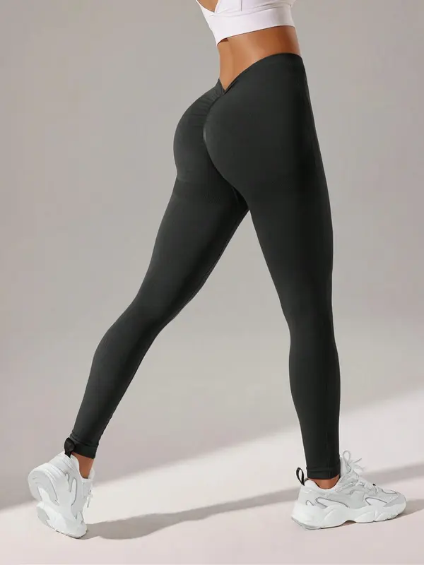 Women's Solid V-Cut Ruched High Waist Sports Leggings, High Stretch Scrunch Butt Yoga Tummy Control Leggings, Gym Clothes, Ladies Sportswear for Indoor Outdoor Wear 7