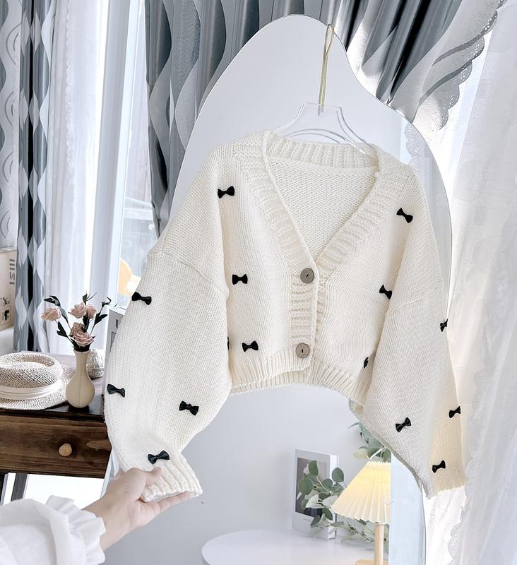 Áo Len Cardigan Croptop Nữ Đính Nơ Đen Nhỏ Xinh Xắn