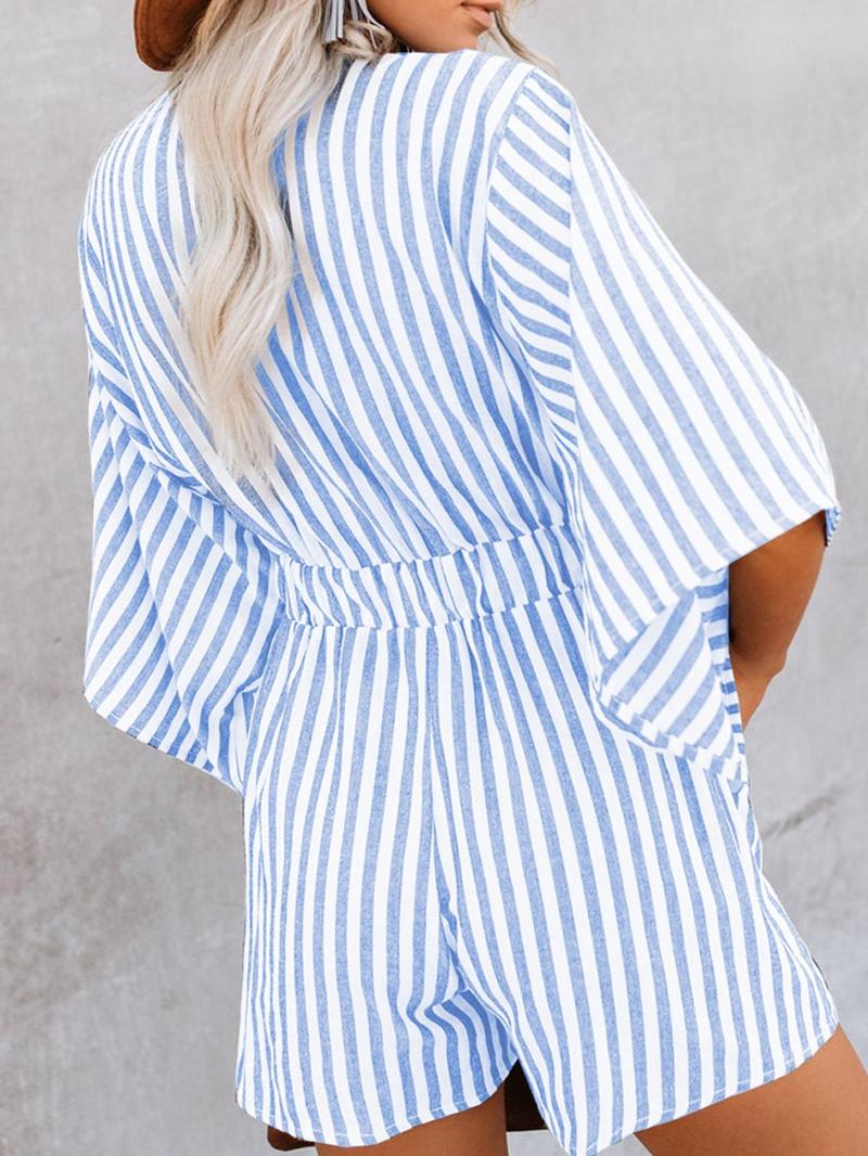 Product Introduction of Women's Striped Print Knot Front Romper, Casual Batwing Sleeve Pocket Jumpsuit, Ladies Clothes for Summer Daily Wear 4