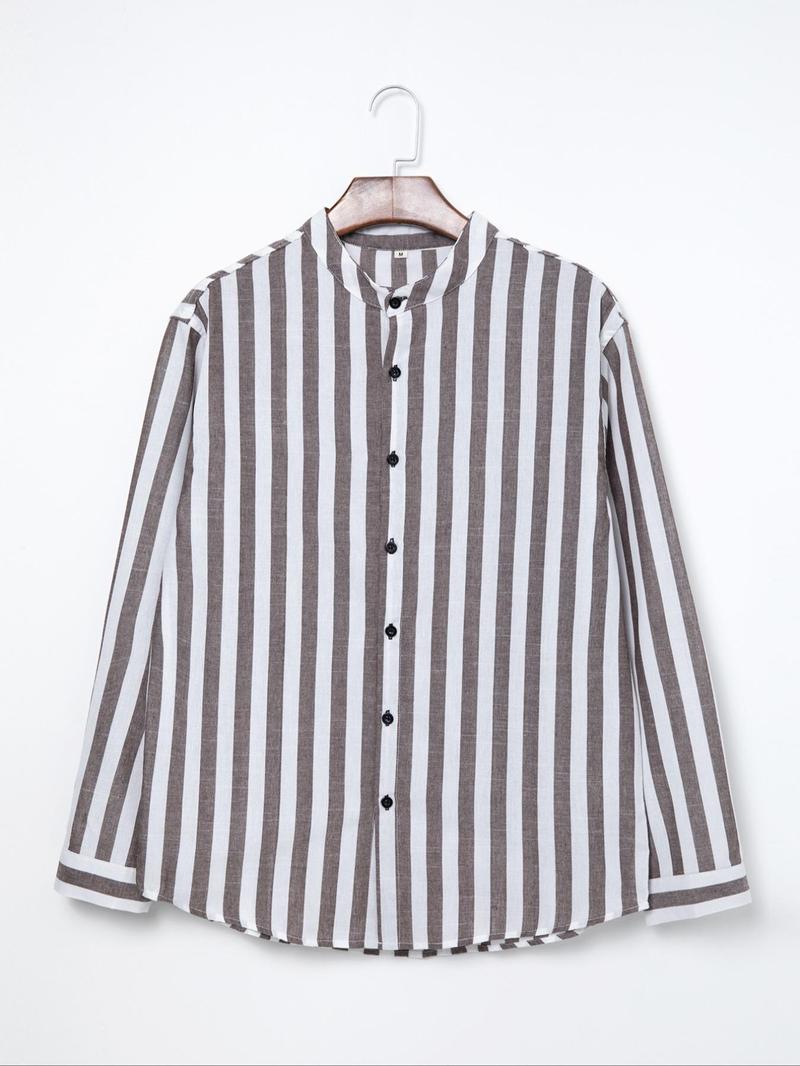 Product Introduction of Men's Striped Print Button Up Shirt, Regular Fit Casual Long Sleeve Collared Top for Spring & Fall, Fashion Men's Clothes for Beach Vacation 3