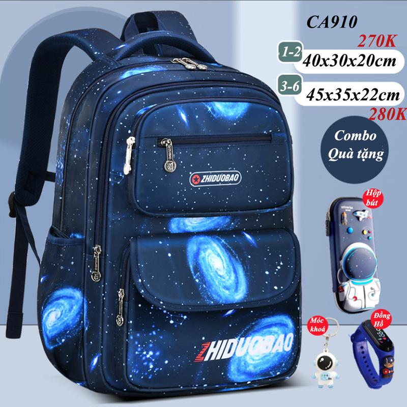 Balo Thiên Hà Xanh Cho Bé Trai Lớp 1–6 – Vải Canvas Dày Dặn Chống Nước, Siêu Nhẹ – Tặng Kèm Đồng Hồ, Hộp Bút, Móc Khoá