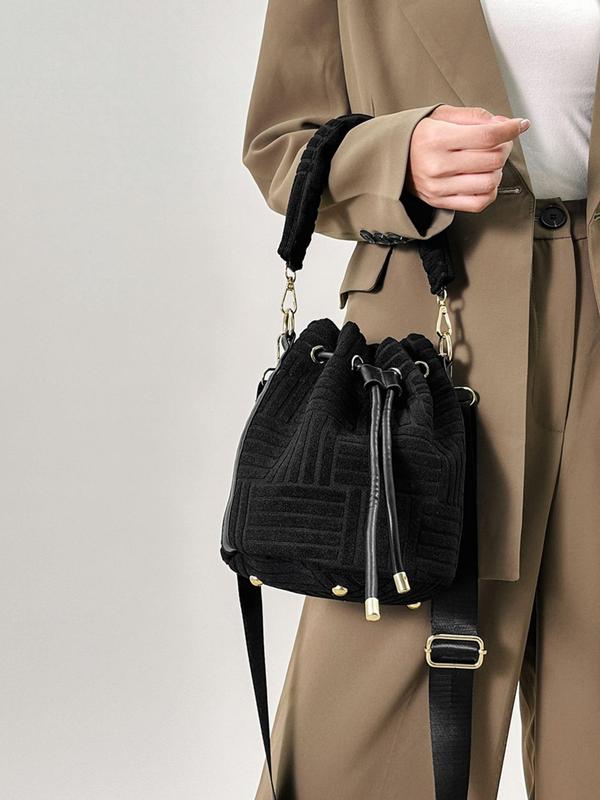 Women's 1 Piece Minimalist Elegant Solid Color Bucket Bag, Fashion All-match Flannelette Bucket Handbag, Fashionable Adjustable Strap Design Crossbody Bag for Daily Used 2