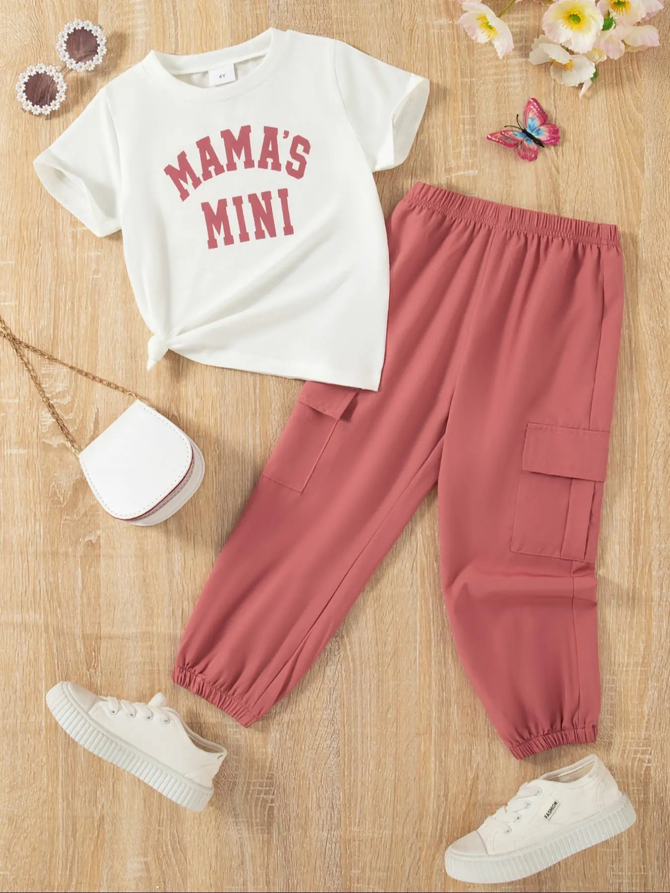 Girl's Letter Print Tee & Pocket Pants Two-Piece Set, Casual Short Sleeve T-shirt & Pants for Daily Wear, Kids Summer Clothes