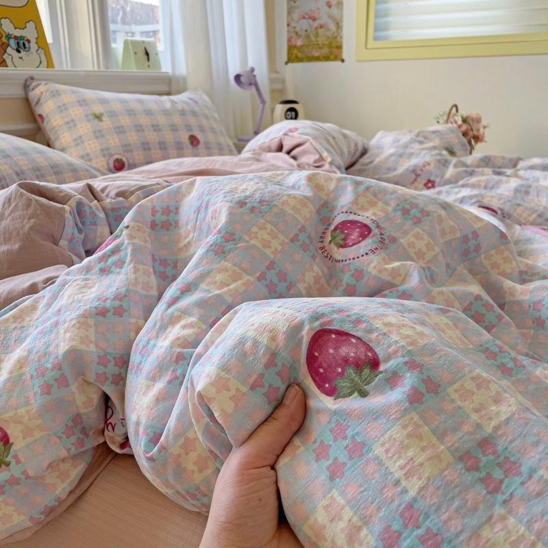 Bộ Vỏ Chăn Ga Gối Cotton Đũi Sợi Tre 4 Món Mềm Mịn, Họa Tiết 3D Dễ Thương ( Không Kèm Ruột )