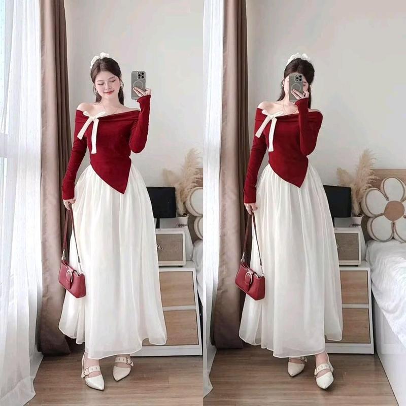 Set áo trễ vai đính nơ tay dài kèm chân váy tơ lụa dáng dài Nữ Voi Kem Women Thun 0