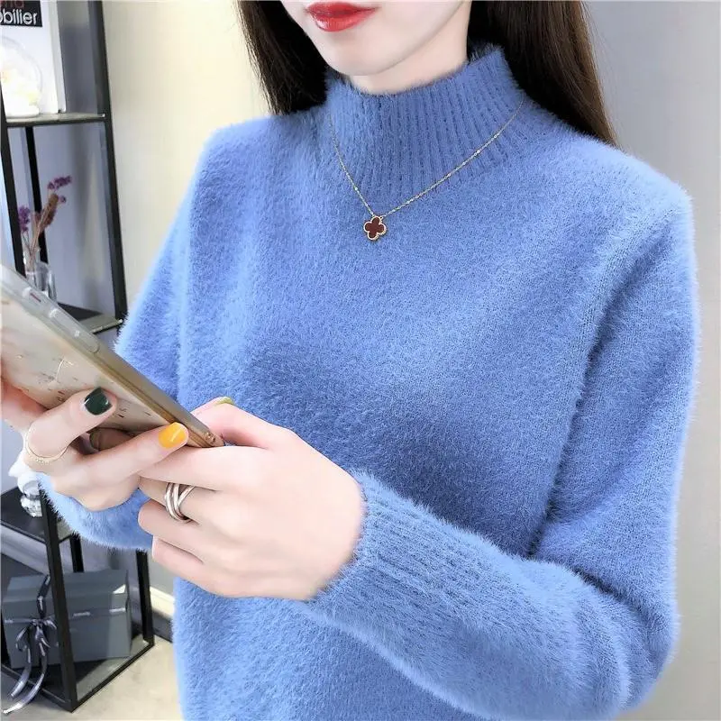 Áo Len Chồn, Dành Cho Nữ, Mùa Thu Và Mùa Đông, Hàng Mới Về, Cổ Lọ Thấp, Áo Chui Đầu Dáng Rộng Vừa Vặn, Dày Dặn, Áo Sơ Mi Lớp Nền Dệt Kim, Quần Áo Nữ, Không Xơ Vải