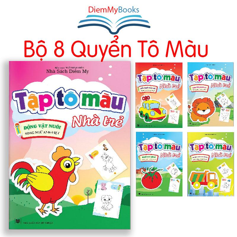 Sách- Bộ 8 Quyển Tập Tô Màu Nhà Trẻ Hình Vẽ To Dành Cho Bé Từ 3 4 5 Tuổi Kèm Túi Xách Song Ngữ Anh Việt 8 Chủ Đề