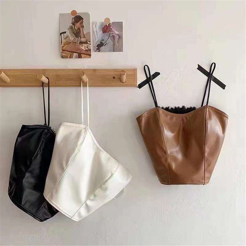 Product Introduction of Women Leather Crop Tops With Pad Spaghetti Strap Camisole Pleated Beauty Back Singlet Casual Vacation Fashion Tank Tops Womenswear Silky Smooth Soft Lingerie Basic Sling Vest 22