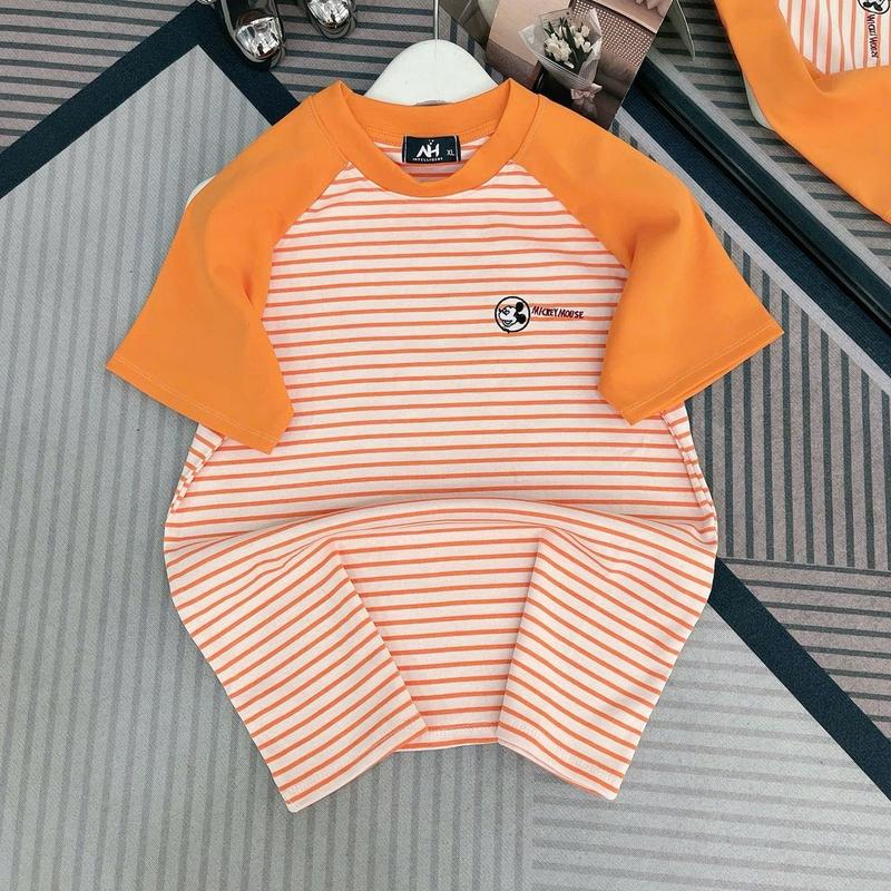 [ Sọc Mickey] Áo Thun Nữ From Ôm Vừa Kẻ Sọc Thêu Hình Mickey Tay phối màu ,Cổ Tròn,Tay Ngắn,Vải Co Giản 4 Chiều