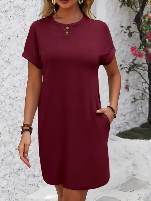 Women's Plain Curved Hem Raglan Sleeve Tee Dress, Casual Short Sleeve Round Neck Dress for Spring & Fall, Ladies Clothes for Daily Wear 2