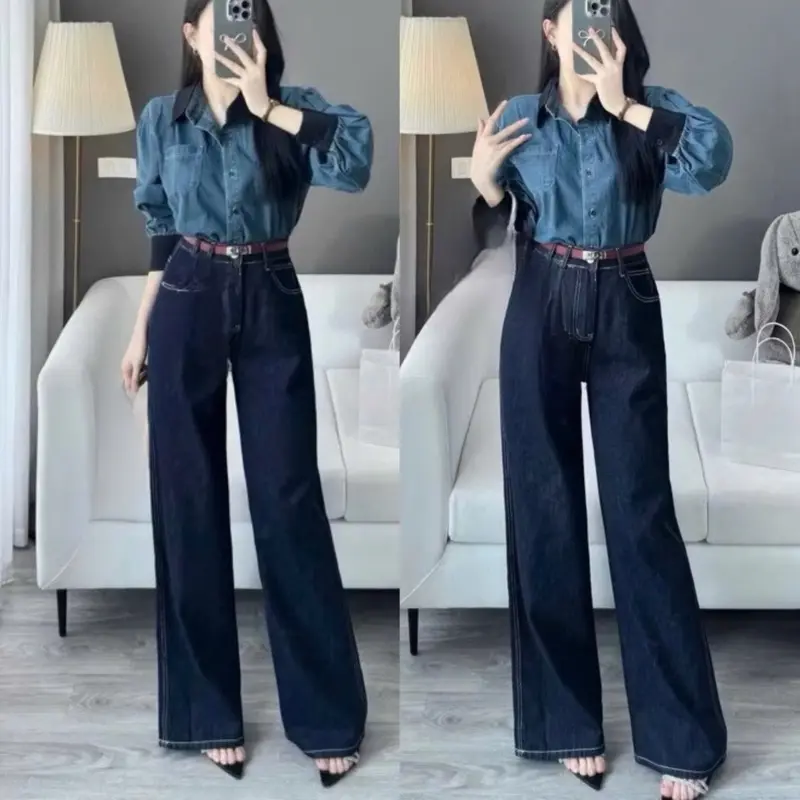 BLee -Quần jeans ống suông màu xanh than phối đường chỉ kem chất jeans mềm ,có 2 chiều dài 95-103cm  B3515.Có size(S-2XL) 0