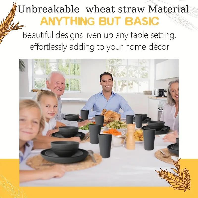 Unbreakable Wheat Straw Dinnerware Set, 16pcs Tableware Set, Including Dinner Plates*8, Bowl*4, Cup*4, Microwave & Dishwasher Safe BBQ Plates & Bowls Set, Father's Day Gifts 5