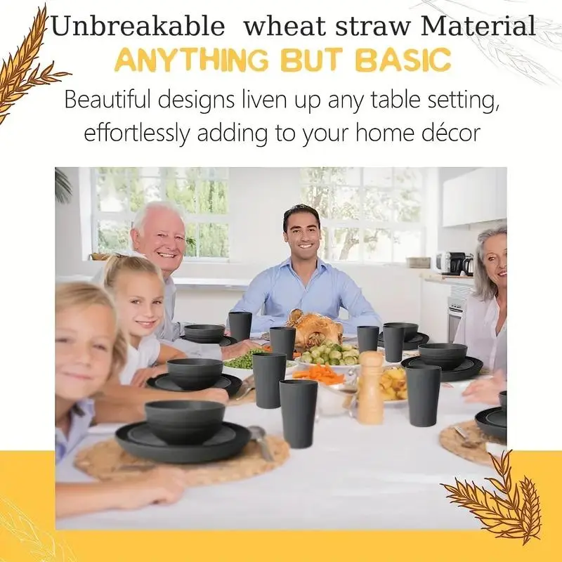 Unbreakable Wheat Straw Dinnerware Set, 16pcs Tableware Set, Including Dinner Plates*8, Bowl*4, Cup*4, Microwave & Dishwasher Safe BBQ Plates & Bowls Set, Father's Day Gifts 5