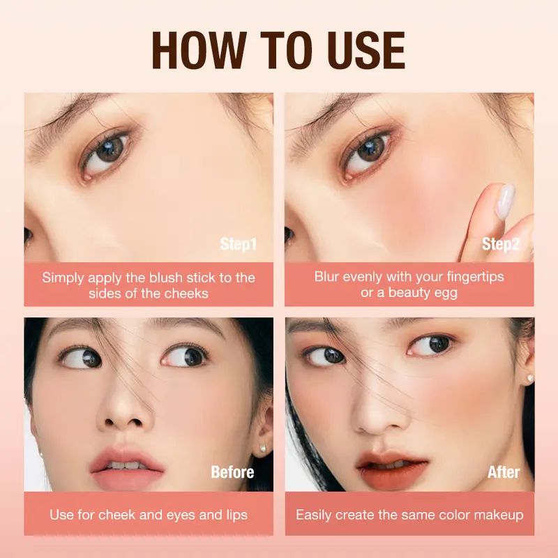 【TD】O.TWO.O Makeup Blush Stick Hydrating Gloss Lip & Cheek 6 Colors Beauty Cosmetics 4