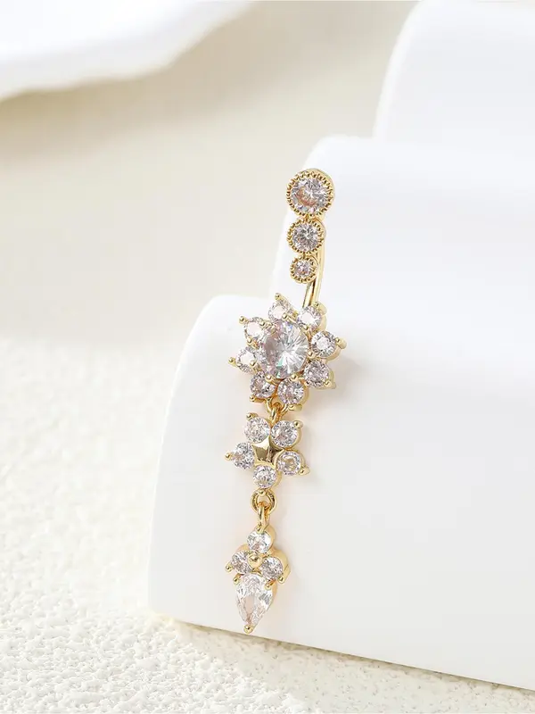 Women's Rhinestone Flowers Decor Belly Ring, Rhinestone Decorated Belly Button Ring, Elegant Flower Design Belly Piercing For Women 4