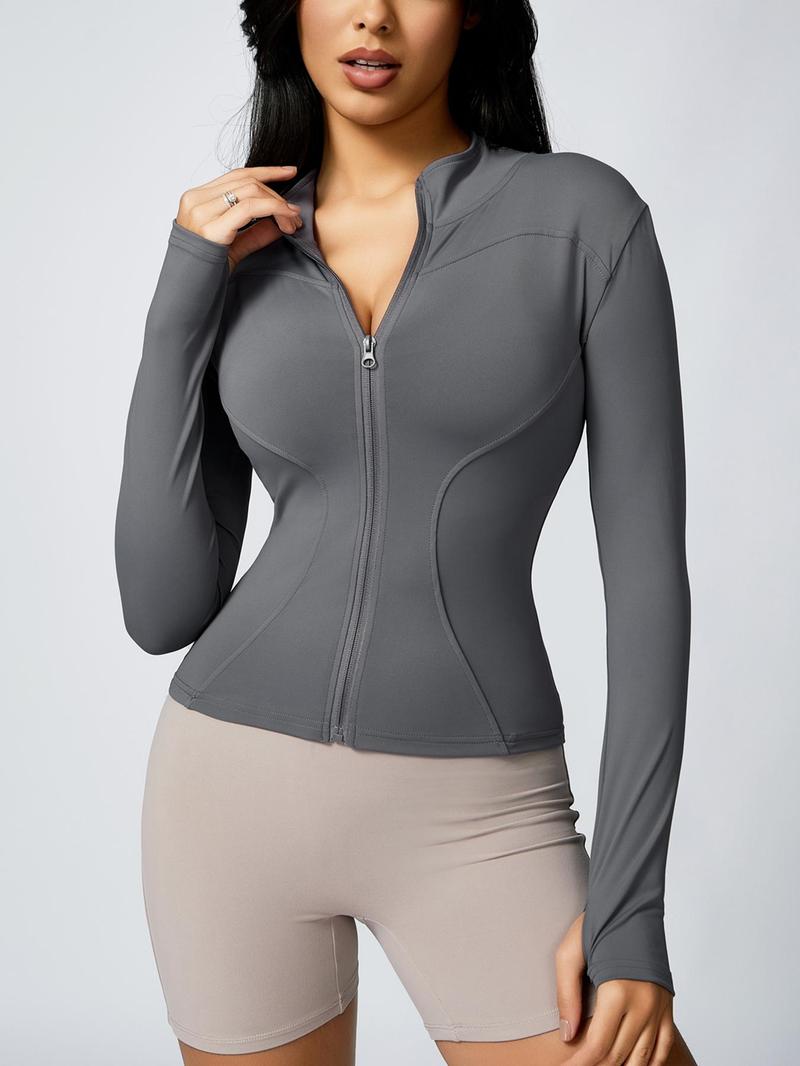 Product Introduction of Women's Thumb Holes Zip-up Long Sleeve Sports Jacket, Solid Color Stand Collar Sports Tops, Modest Fashion Slim Fit Yoga Outerwear Fits Tennis Pickleball, Workwear Gym Gear, Women's Sportswear Workout Autumn Winter Outfit, Back To School Fits 10