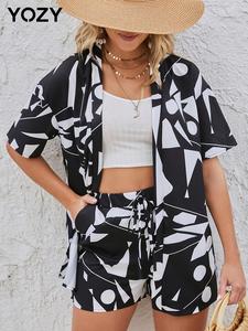 YOZY Women's Geometric Print Drop Shoulder Shirt & Elastic Waist Shorts Set Without Cami Top, Open Front Top & Pocket Tie Front Shorts, Summer Outfits