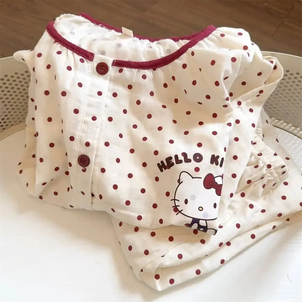 Bộ Đồ Ngủ Dài Tay Hoạt Hình Hello Kitty, Thiết Kế Chấm Bi Ngọt Ngào, Được Làm Bằng Bông Đám Mây, Thích Hợp Cho Mùa Xuân Và Mùa Thu, Bộ Đồ Nữ, Phong Cách Hàn Quốc, Đồ Mặc Nhà, Áo Mặc Bên Ngoài